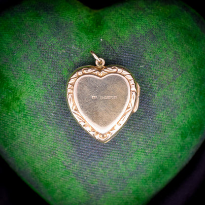 Vintage 9ct Yellow Gold Engraved Fancy Heart Locket Pendant