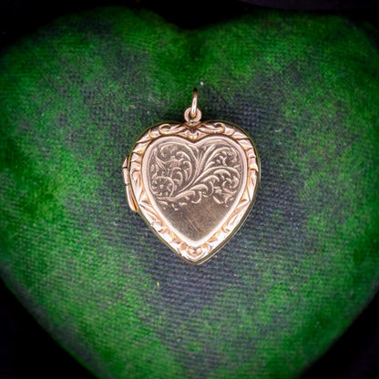 Vintage 9ct Yellow Gold Engraved Fancy Heart Locket Pendant