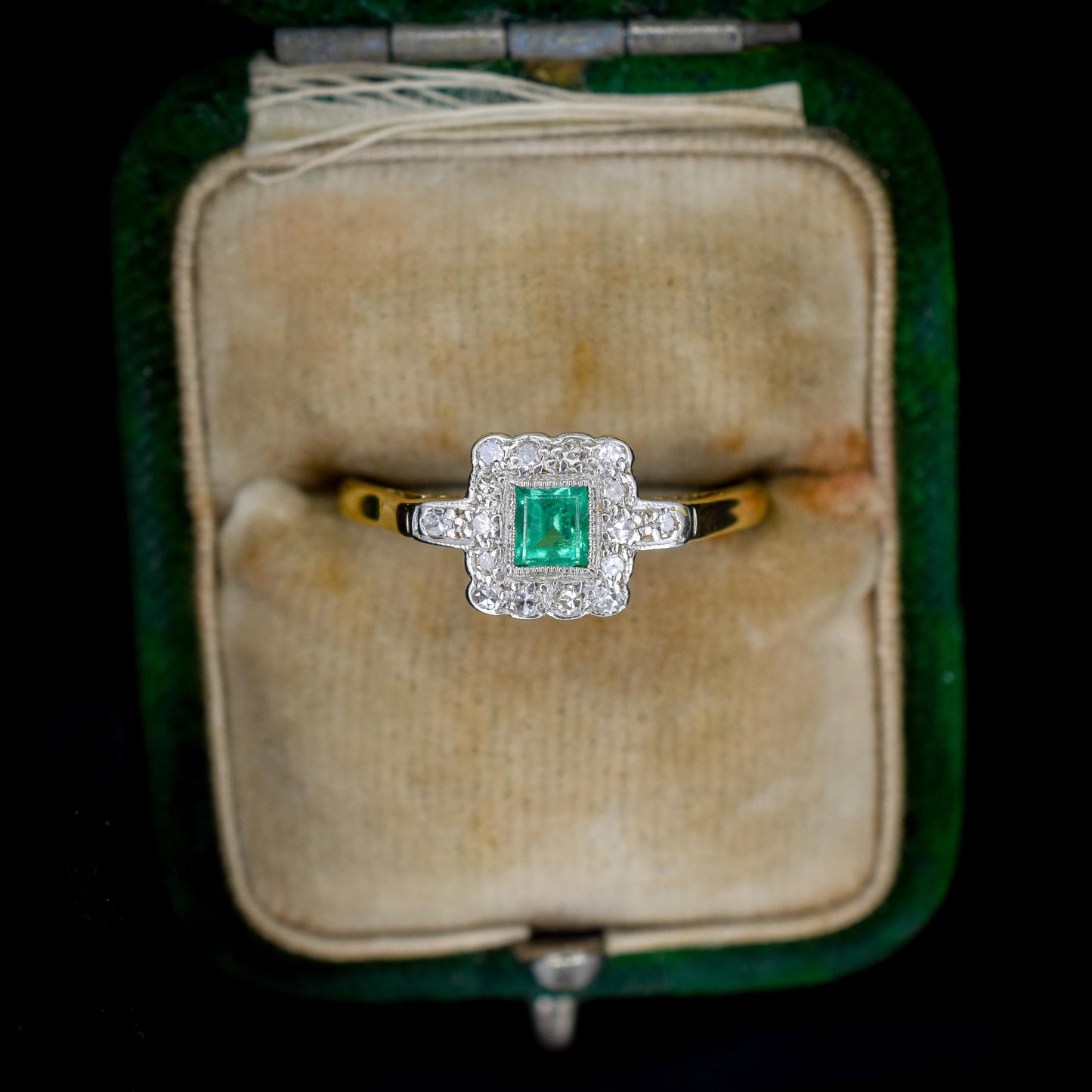Art Deco Emerald and Diamond Square Cluster Halo 18ct Gold Ring