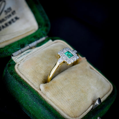 Art Deco Emerald and Diamond Square Cluster Halo 18ct Gold Ring