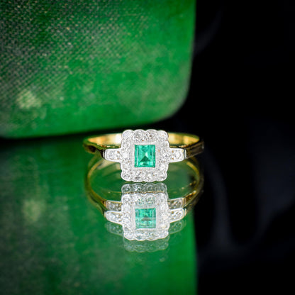 Art Deco Emerald and Diamond Square Cluster Halo 18ct Gold Ring
