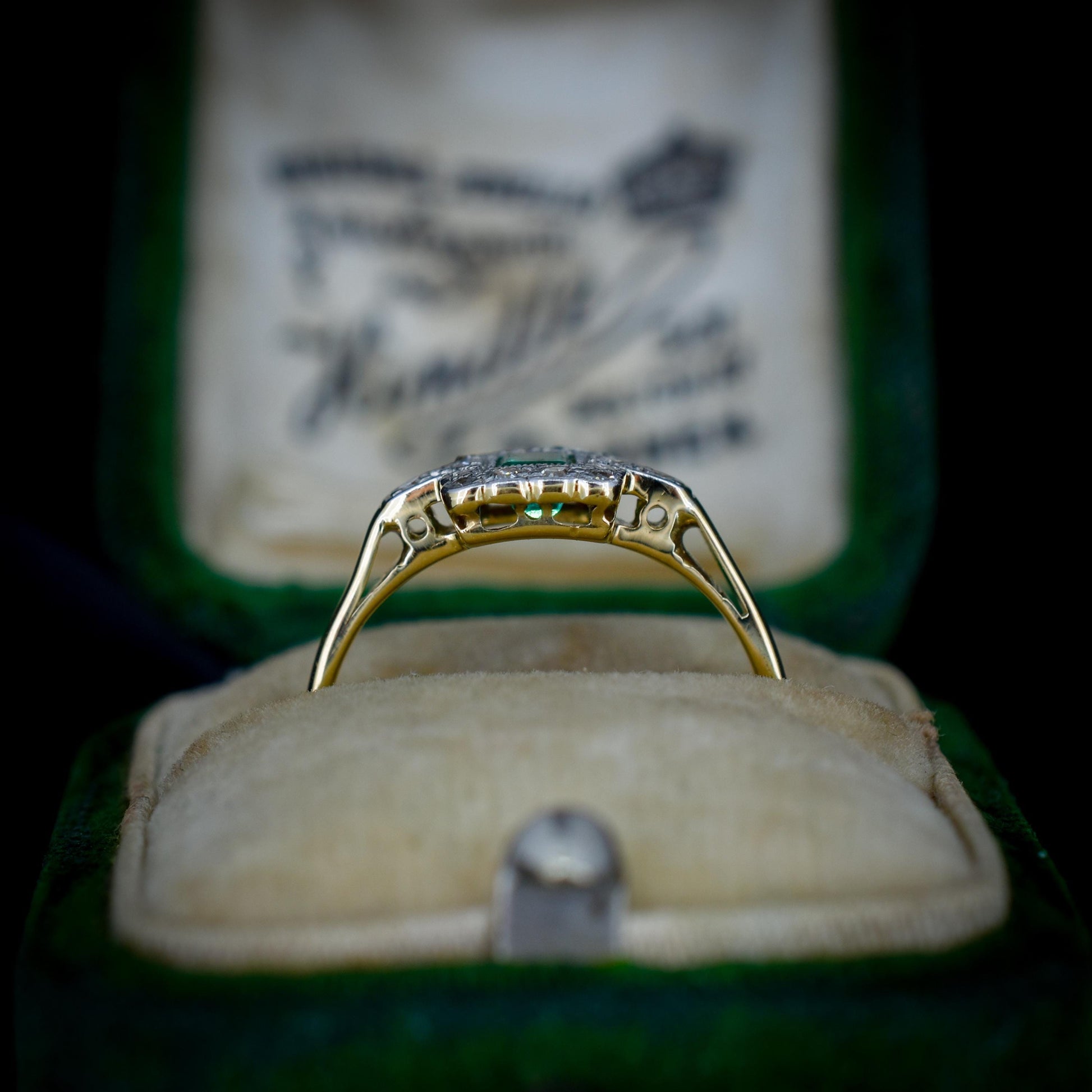 Art Deco Emerald and Diamond Square Cluster Halo 18ct Gold Ring
