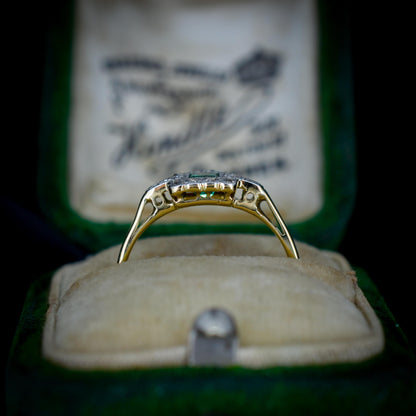 Art Deco Emerald and Diamond Square Cluster Halo 18ct Gold Ring
