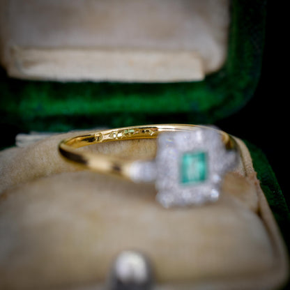 Art Deco Emerald and Diamond Square Cluster Halo 18ct Gold Ring