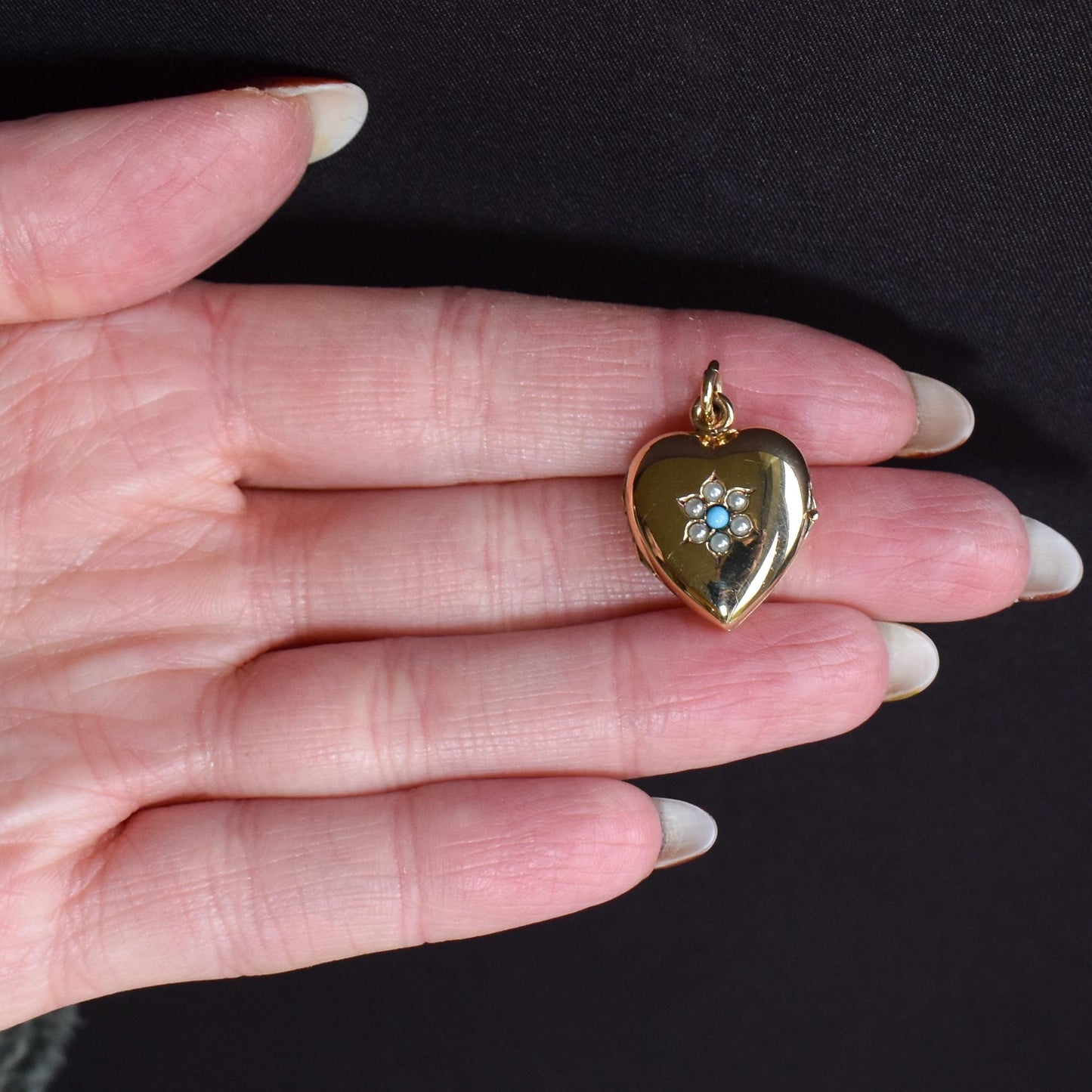 Antique Turquoise Pearl Flower Rolled Gold Locket Pendant