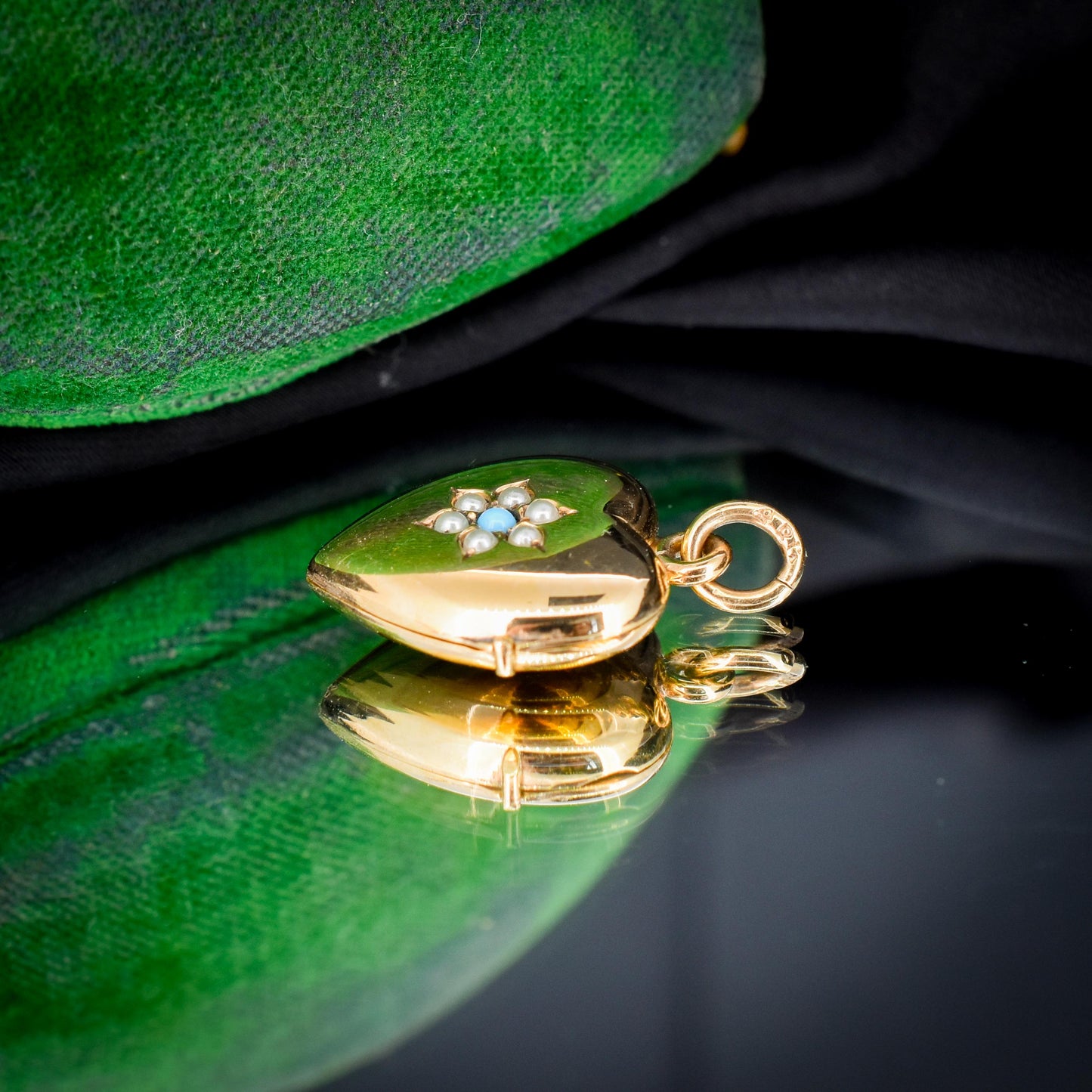 Antique Turquoise Pearl Flower Rolled Gold Locket Pendant