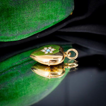 Antique Turquoise Pearl Flower Rolled Gold Locket Pendant