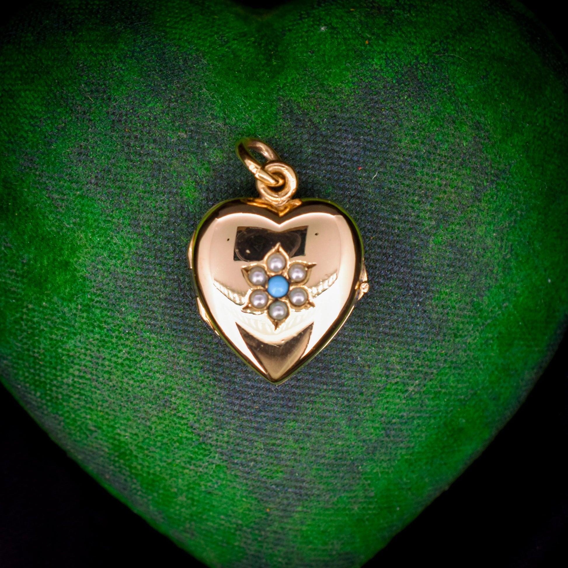 Antique Turquoise Pearl Flower Rolled Gold Locket Pendant