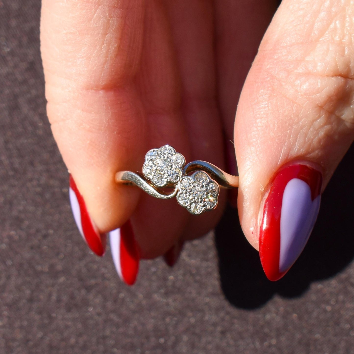 Antique Diamond Cluster Flower Daisy 18ct Gold Double Twist Ring