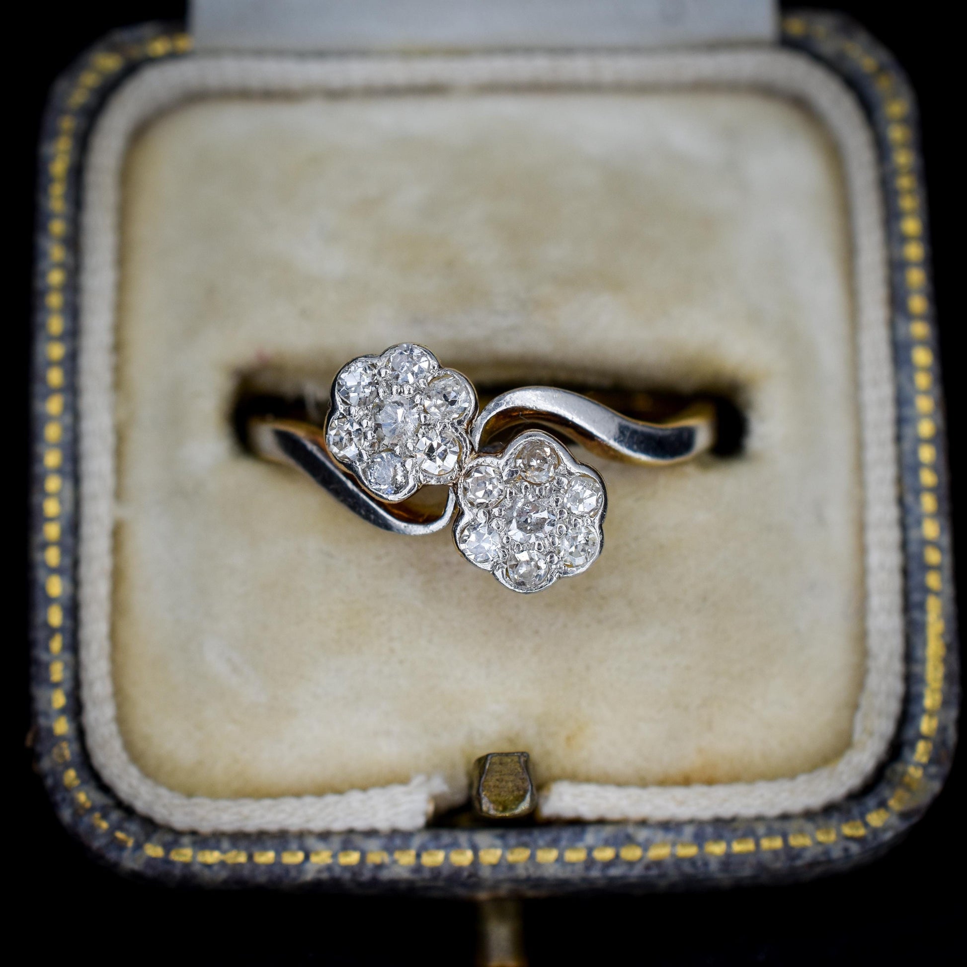 Antique Diamond Cluster Flower Daisy 18ct Gold Double Twist Ring