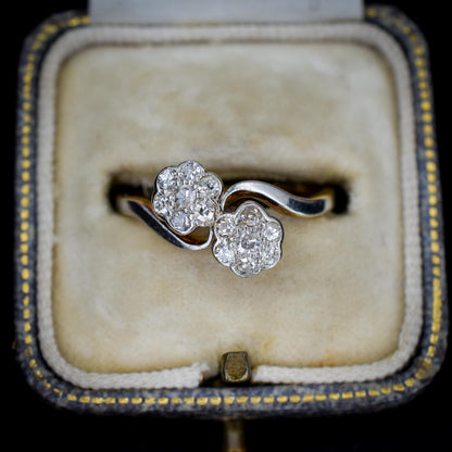 Antique Diamond Cluster Flower Daisy 18ct Gold Double Twist Ring