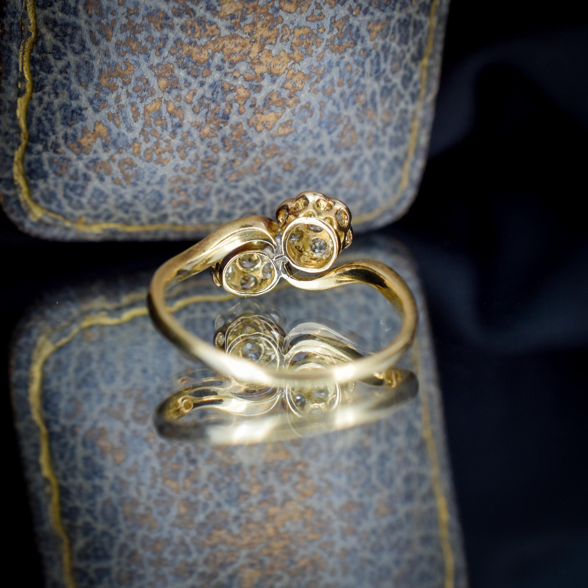 Antique Diamond Cluster Flower Daisy 18ct Gold Double Twist Ring