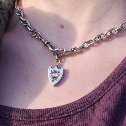 Antique Scandinavian Silver Enamel Floral Shield Charm Pendant