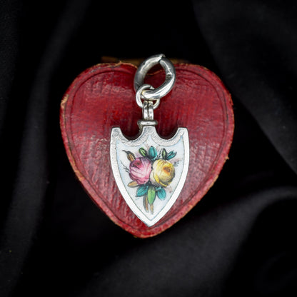 Antique Scandinavian Silver Enamel Floral Shield Charm Pendant