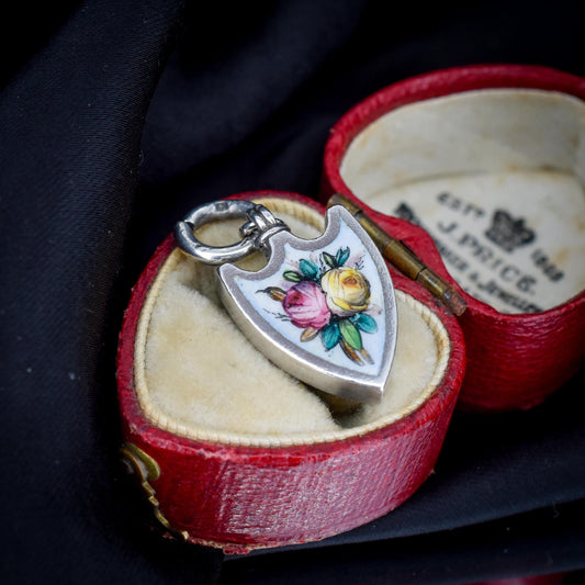 Antique Scandinavian Silver Enamel Floral Shield Charm Pendant