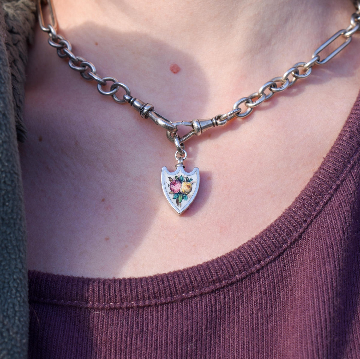 Antique Scandinavian Silver Enamel Floral Shield Charm Pendant