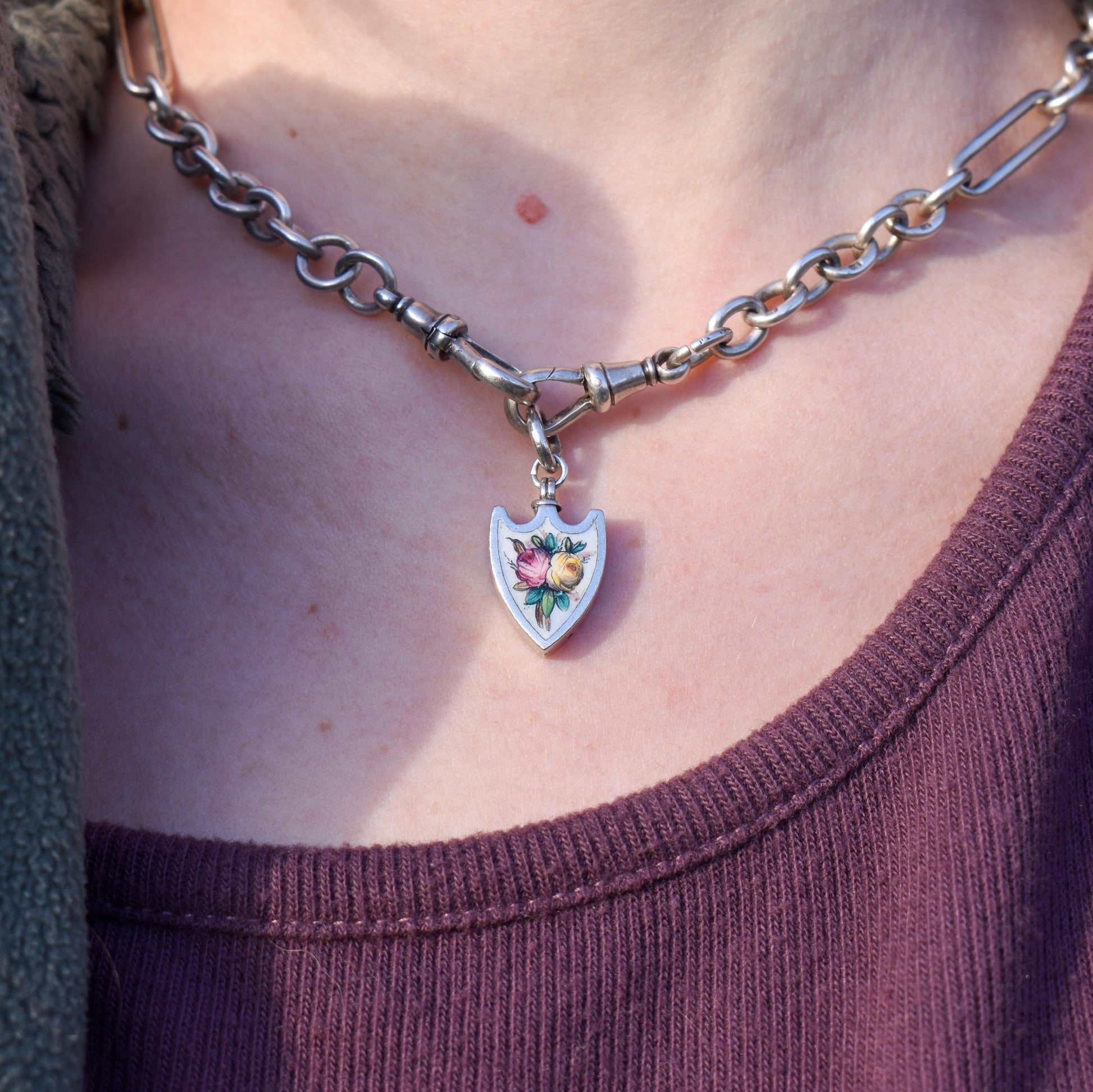 Antique Scandinavian Silver Enamel Floral Shield Charm Pendant