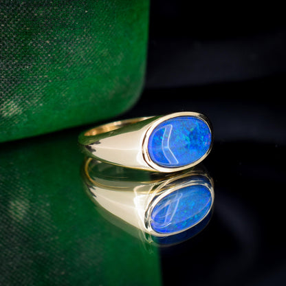 2.35ct Black Opal Solitaire 18ct Yellow Gold Signet Ring - 7.2g