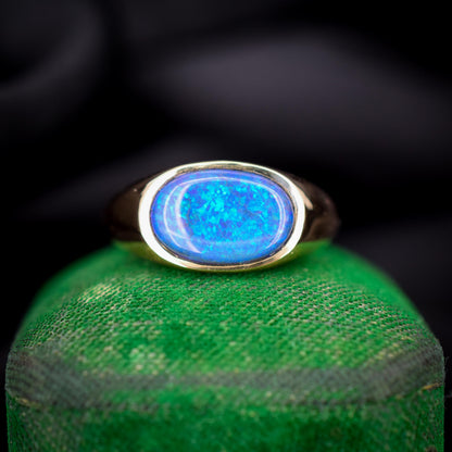 2.35ct Black Opal Solitaire 18ct Yellow Gold Signet Ring - 7.2g