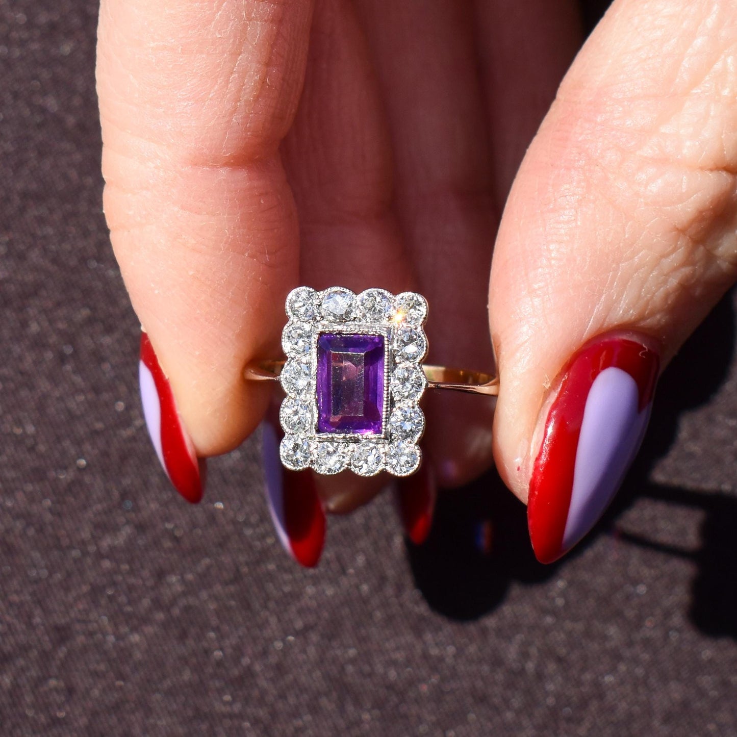Emerald Cut Amethyst and Diamond Halo Cluster 18ct Gold Ring