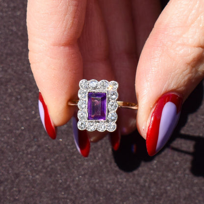 Emerald Cut Amethyst and Diamond Halo Cluster 18ct Gold Ring