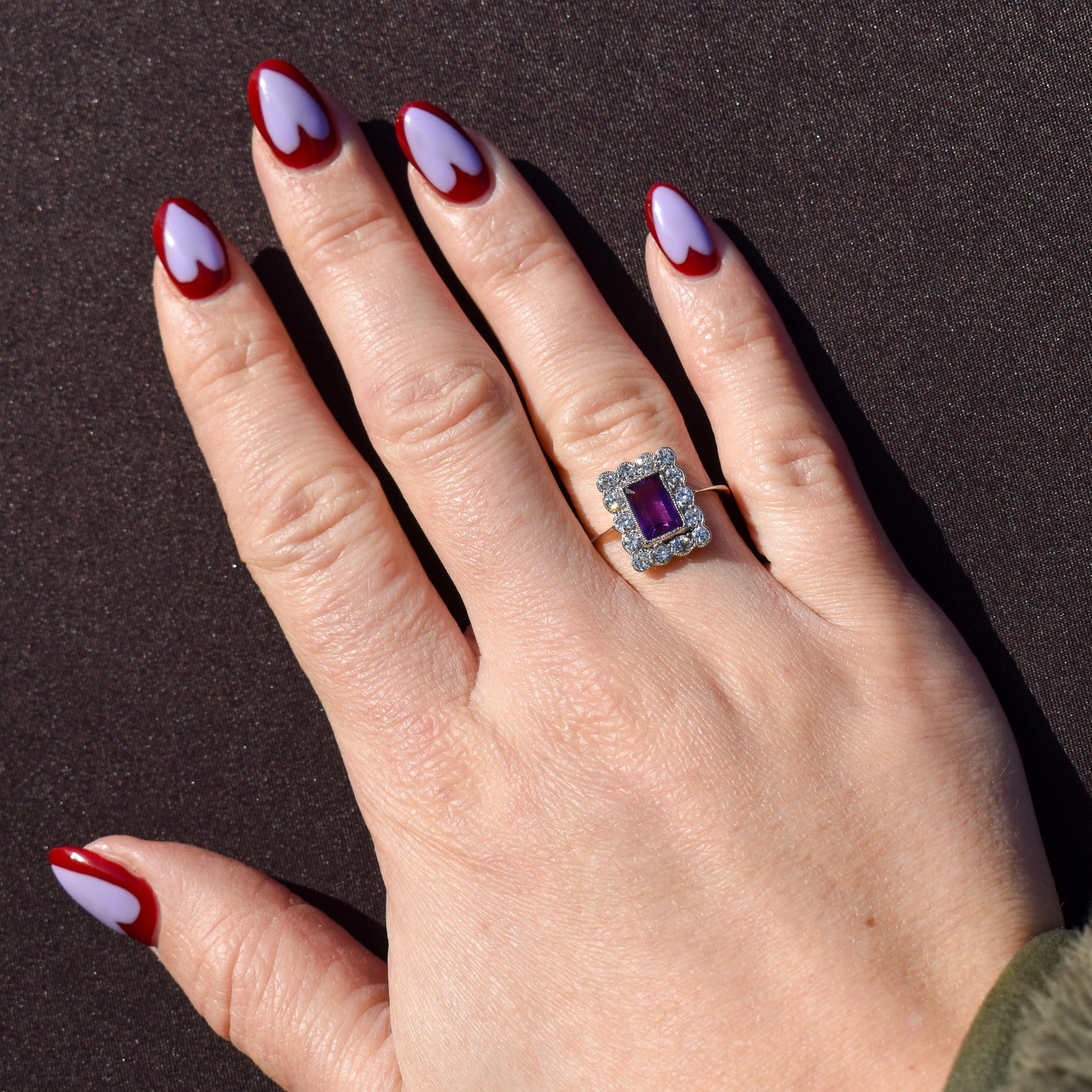 Emerald Cut Amethyst and Diamond Halo Cluster 18ct Gold Ring