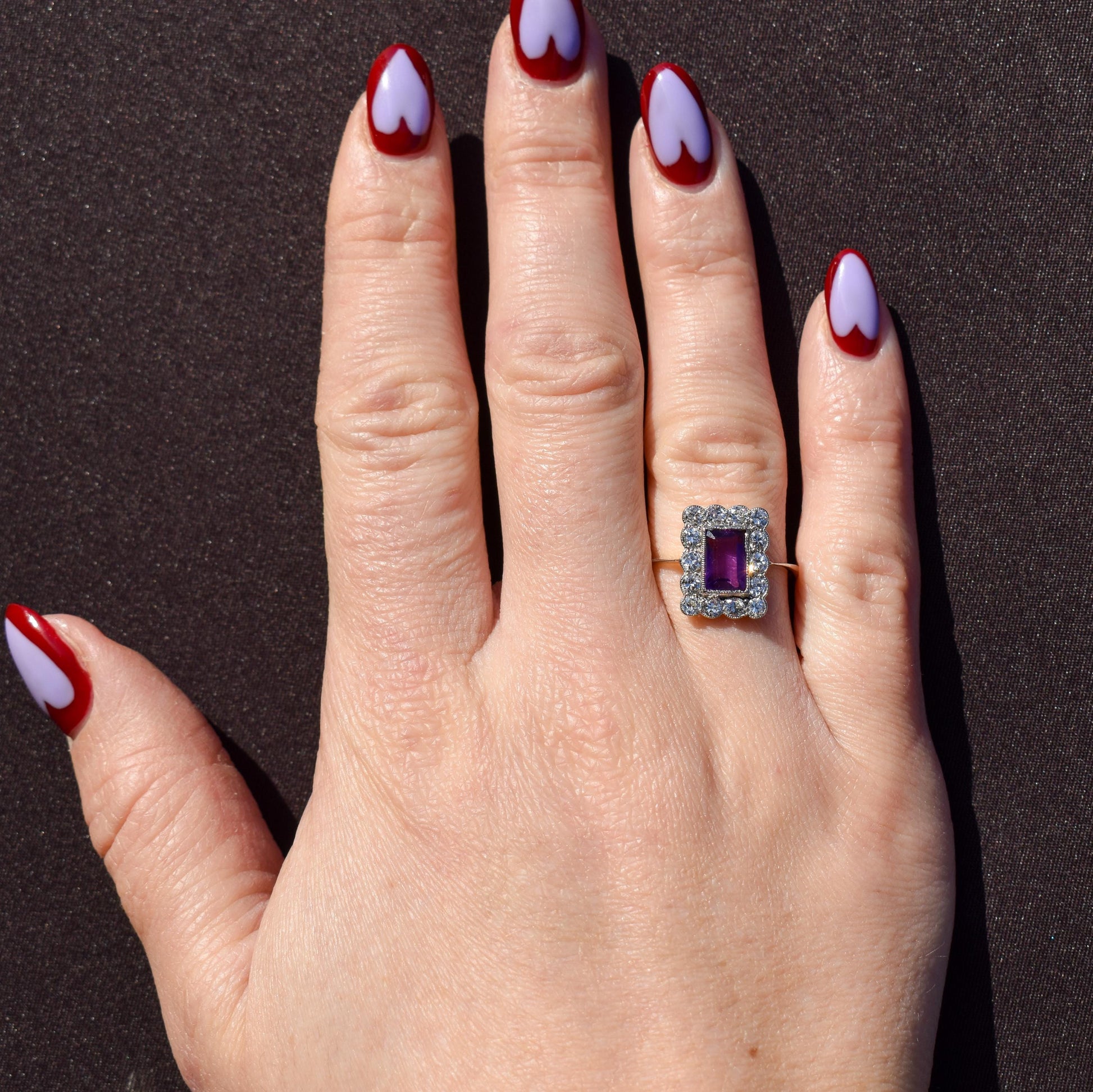Emerald Cut Amethyst and Diamond Halo Cluster 18ct Gold Ring