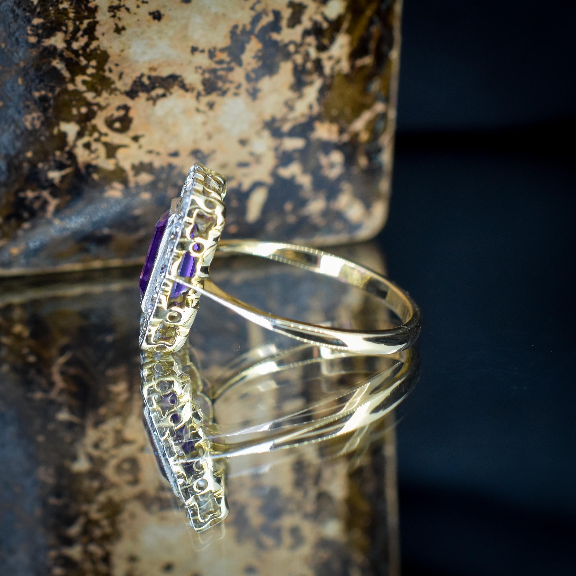 Emerald Cut Amethyst and Diamond Halo Cluster 18ct Gold Ring
