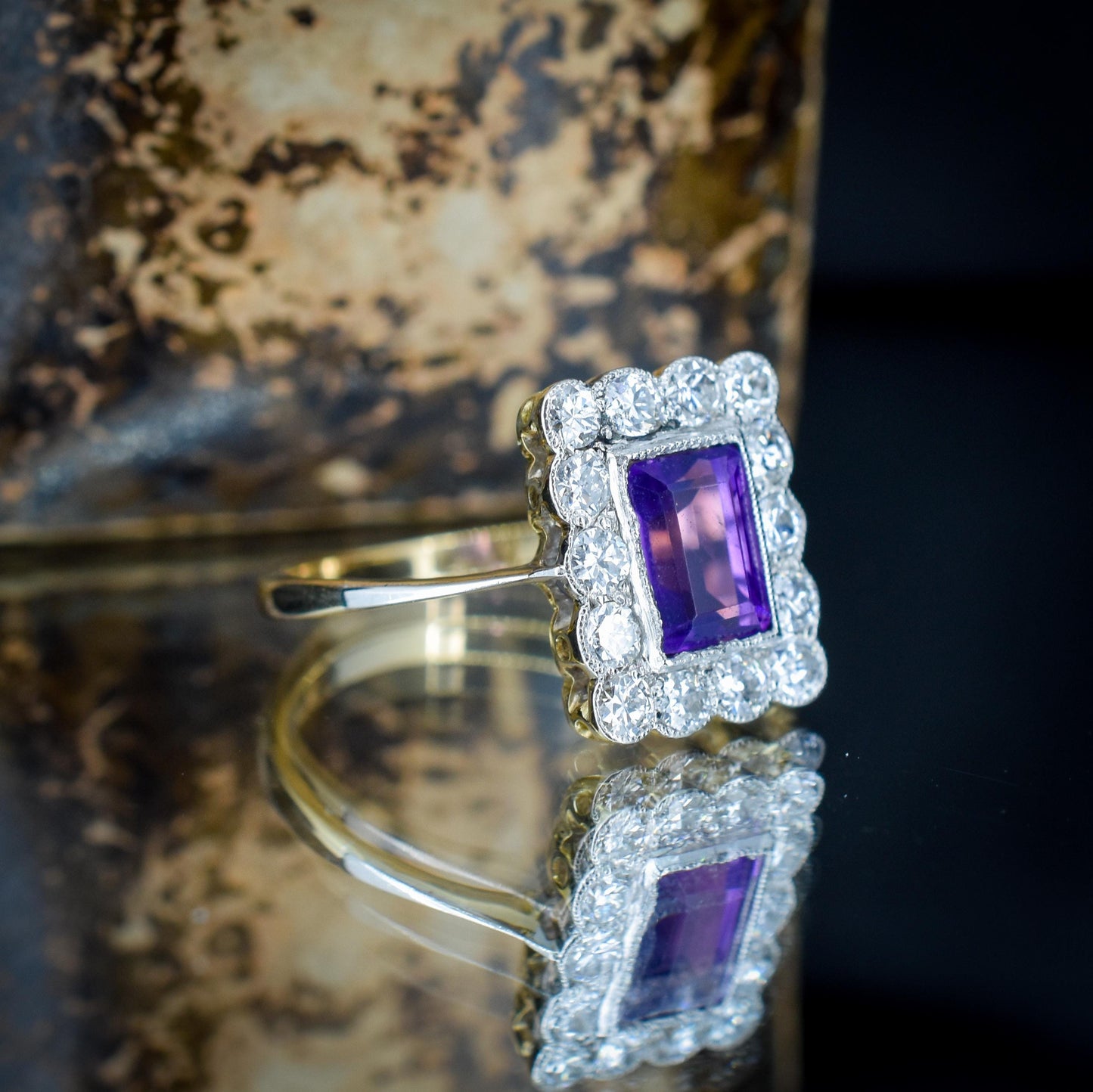 Emerald Cut Amethyst and Diamond Halo Cluster 18ct Gold Ring