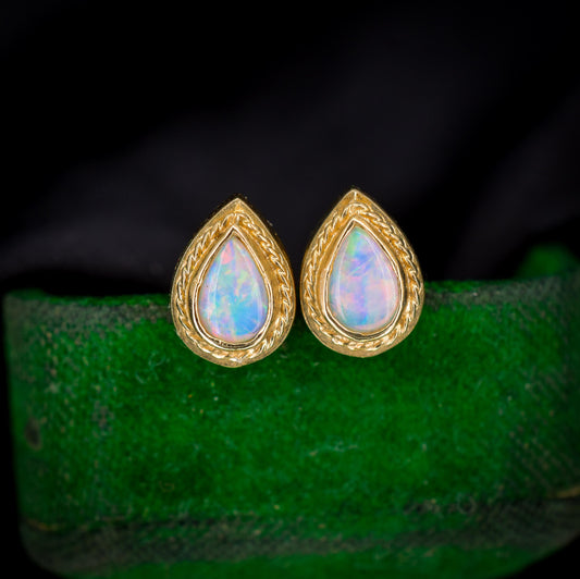 Vintage Natural Opal Pear 9ct Yellow Gold Stud Earrings