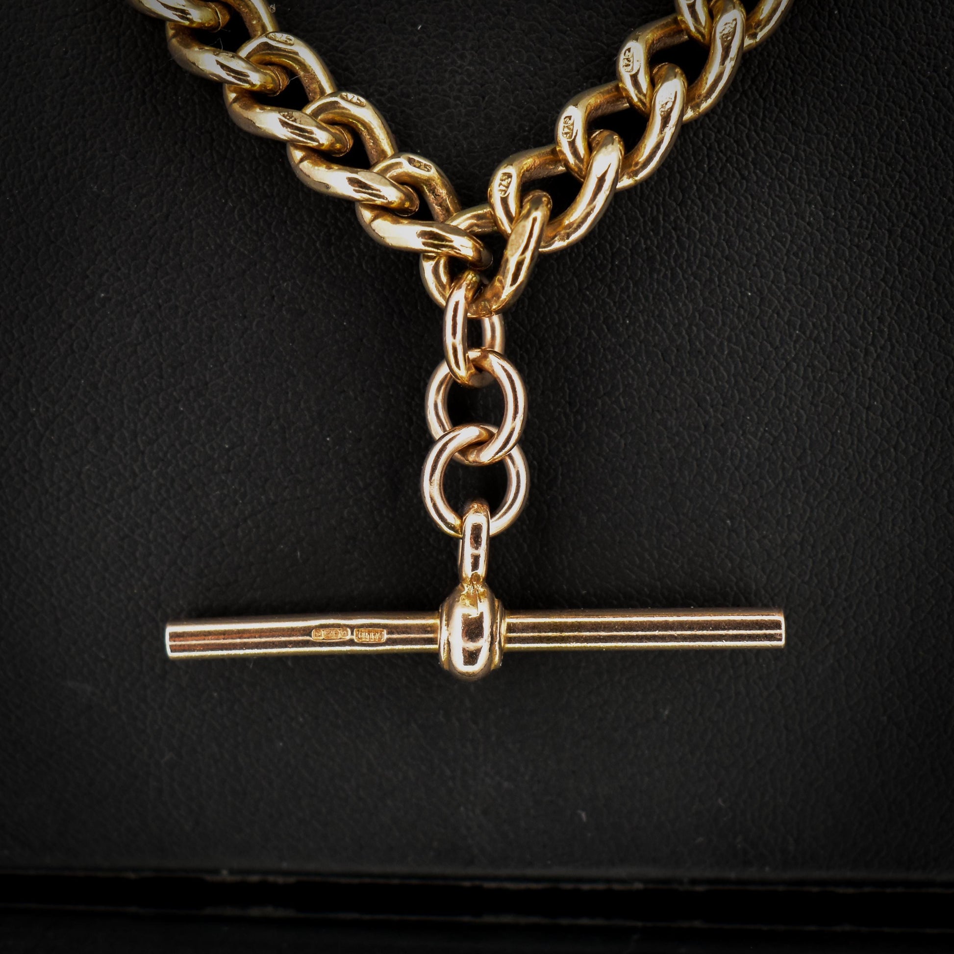 Vintage 17.75" 9ct Rose Gold Curb Link Double Albert Watch Chain Necklace