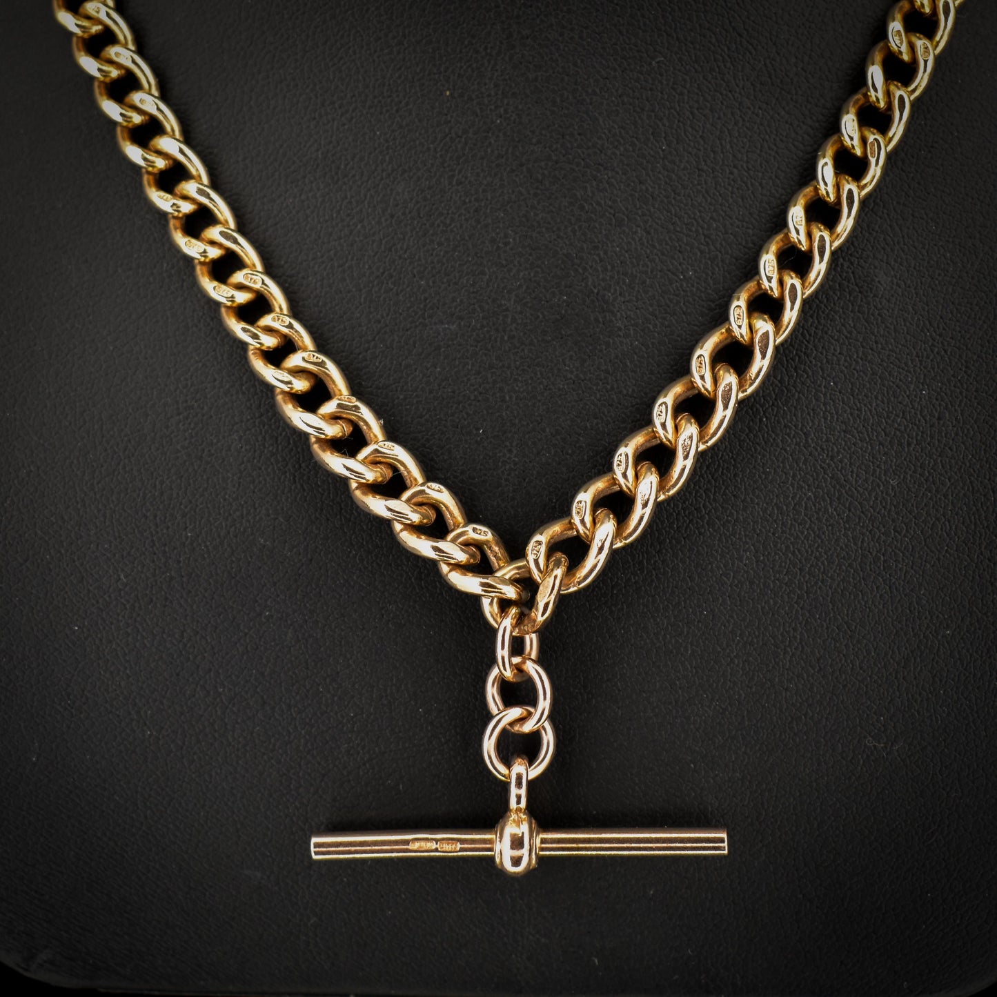 Vintage 17.75" 9ct Rose Gold Curb Link Double Albert Watch Chain Necklace