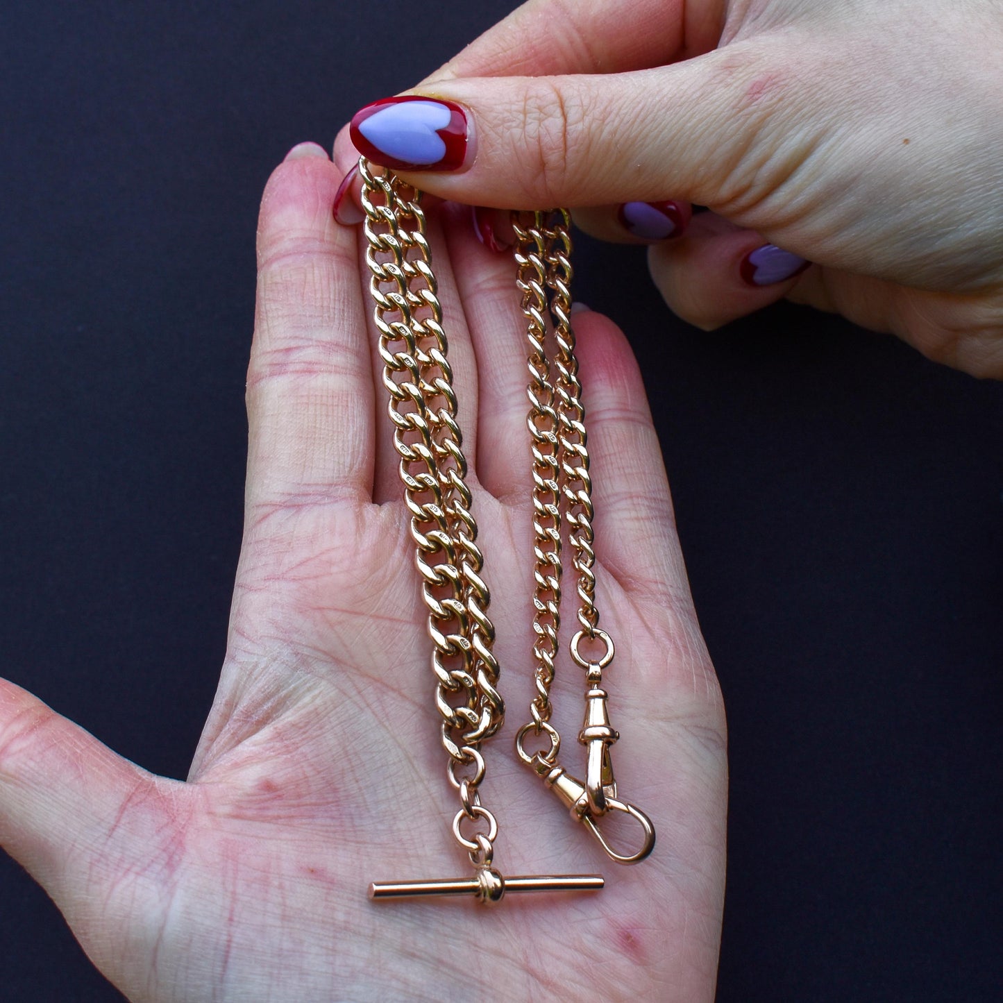 Vintage 17.75" 9ct Rose Gold Curb Link Double Albert Watch Chain Necklace