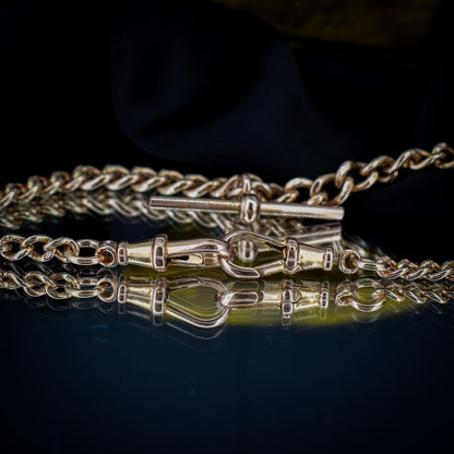 Vintage 17.75" 9ct Rose Gold Curb Link Double Albert Watch Chain Necklace