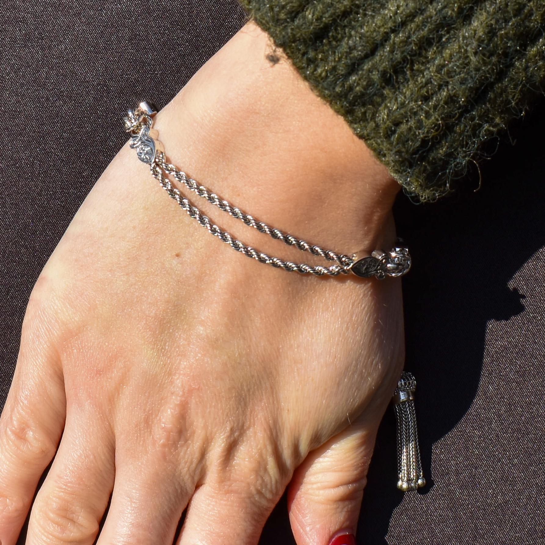 Antique Silver Double-Strand Albertina Albert Chain Bracelet with Tassel