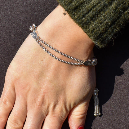 Antique Silver Double-Strand Albertina Albert Chain Bracelet with Tassel