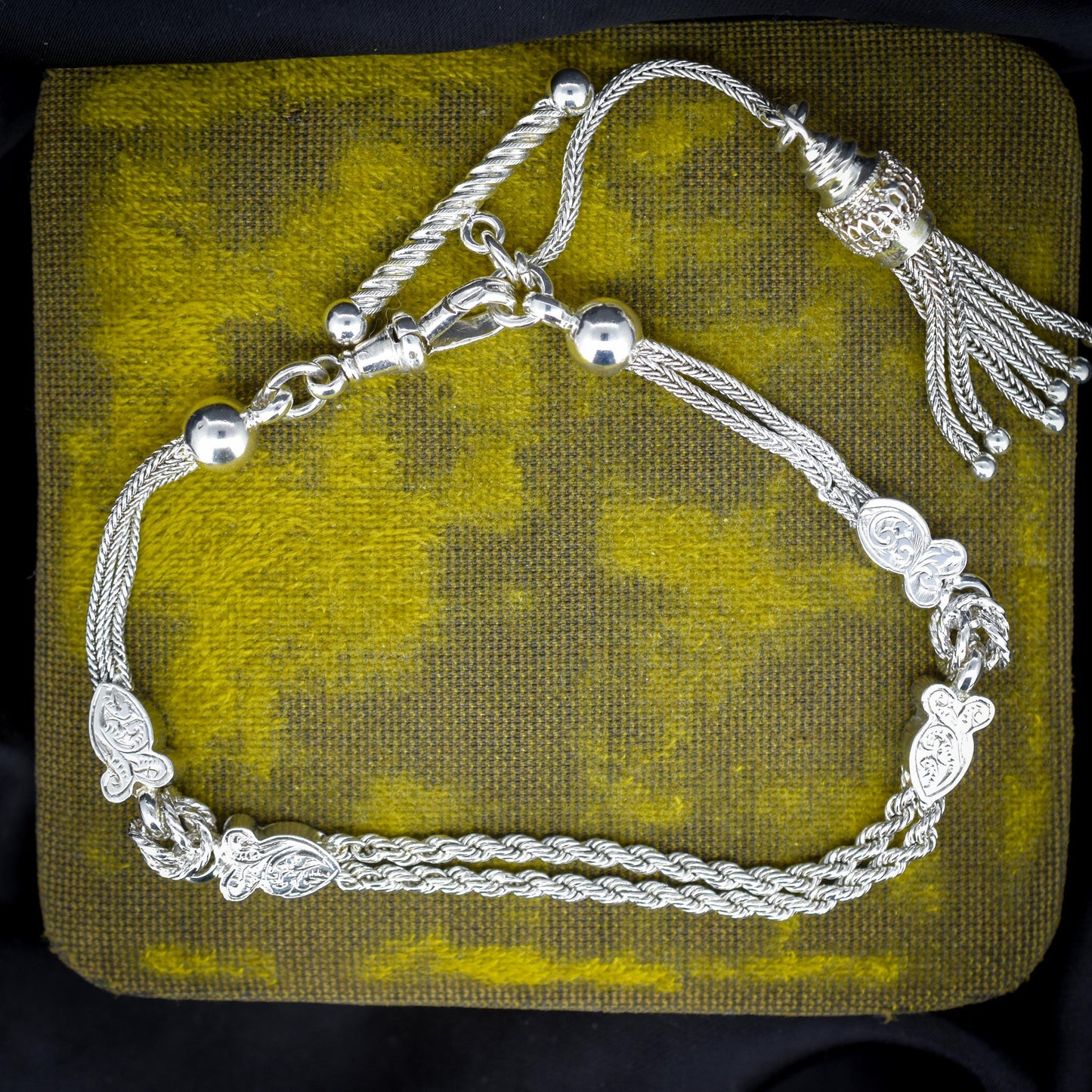 Antique Silver Double-Strand Albertina Albert Chain Bracelet with Tassel