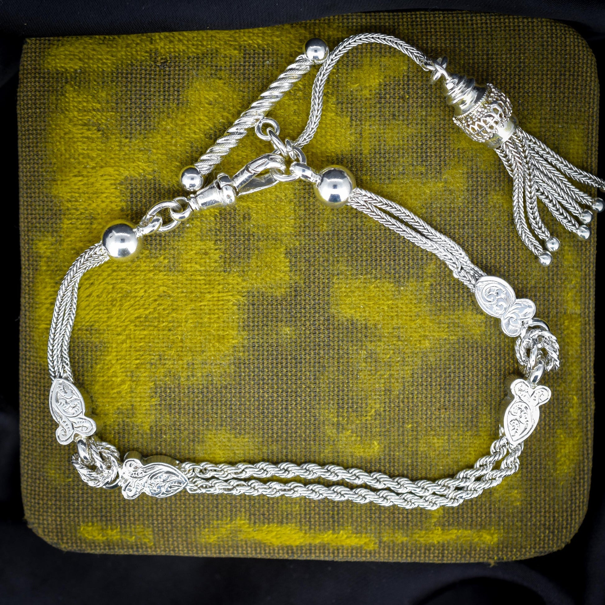 Antique Silver Double-Strand Albertina Albert Chain Bracelet with Tassel