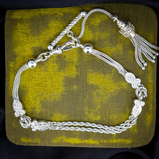 Antique Silver Double-Strand Albertina Albert Chain Bracelet with Tassel