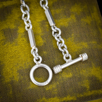 Vintage Silver Oval and Fancy Bar Link Toggle T-Bar Chain Bracelet 8.5"