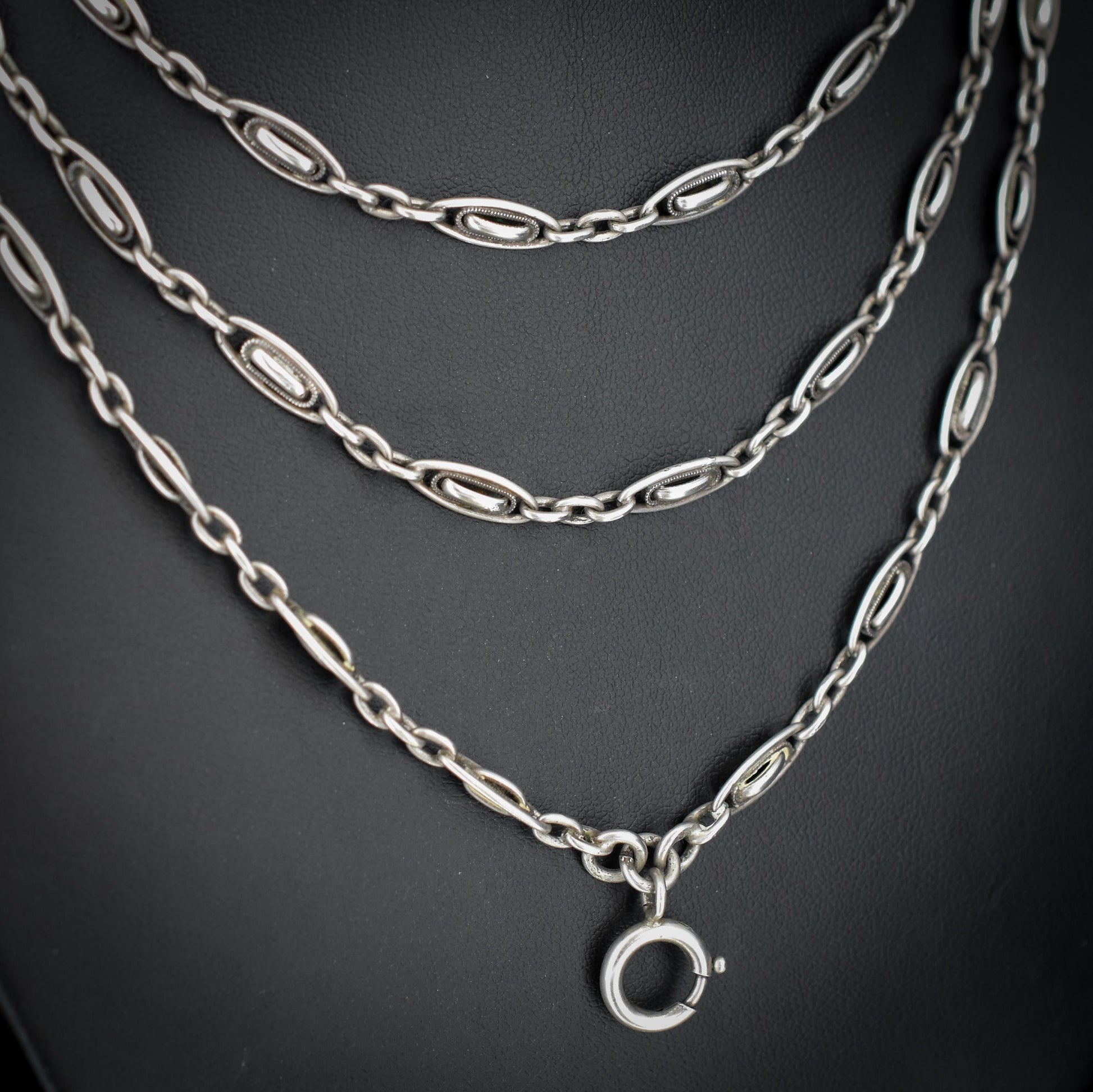 Antique French Silver Fancy Long Guard Sautoir Chain Necklace | 57"