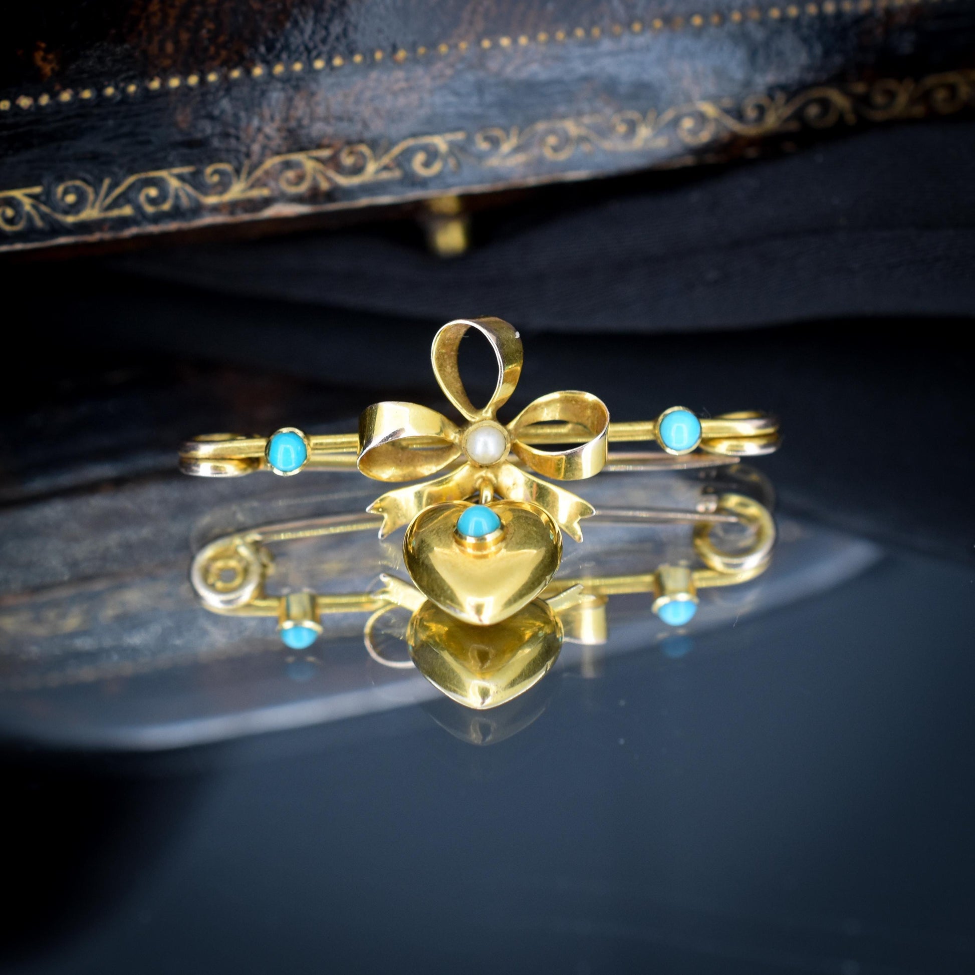 Antique Turquoise Pearl Gold Bow Brooch Pin with Heart Drop
