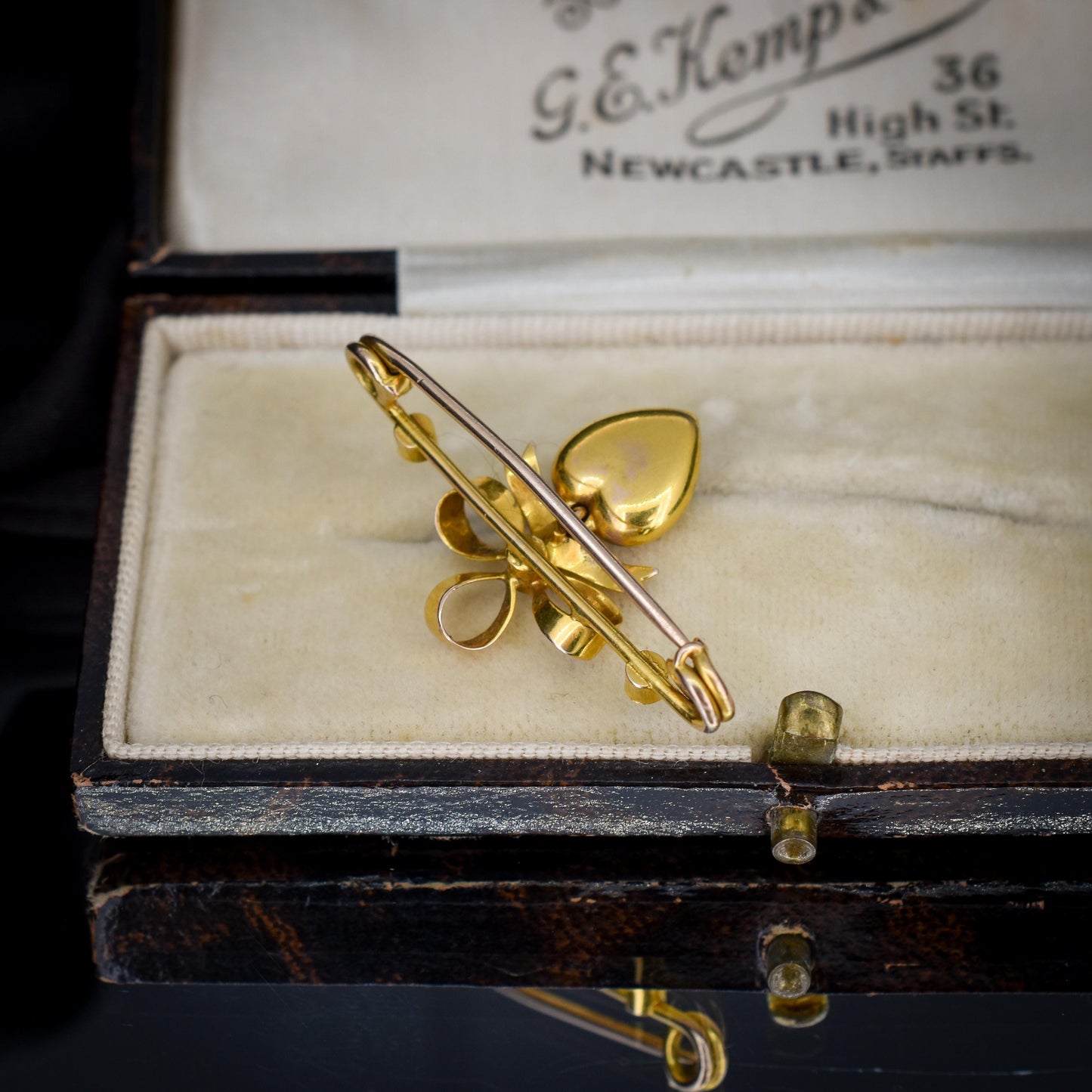 Antique Turquoise Pearl Gold Bow Brooch Pin with Heart Drop