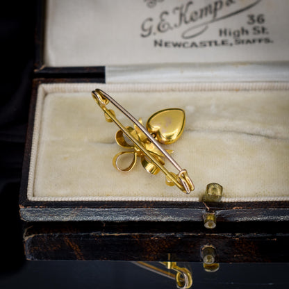 Antique Turquoise Pearl Gold Bow Brooch Pin with Heart Drop