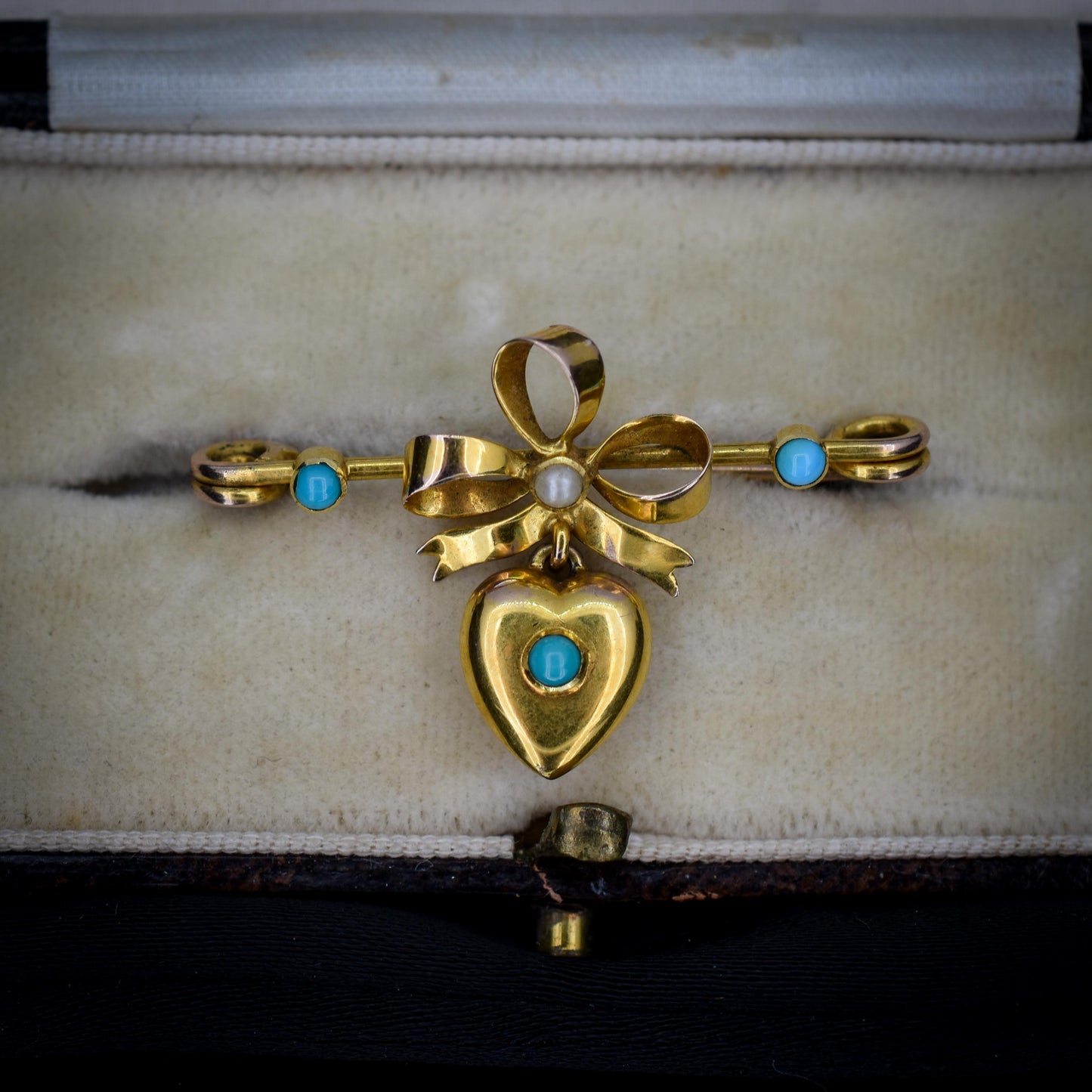 Antique Turquoise Pearl Gold Bow Brooch Pin with Heart Drop