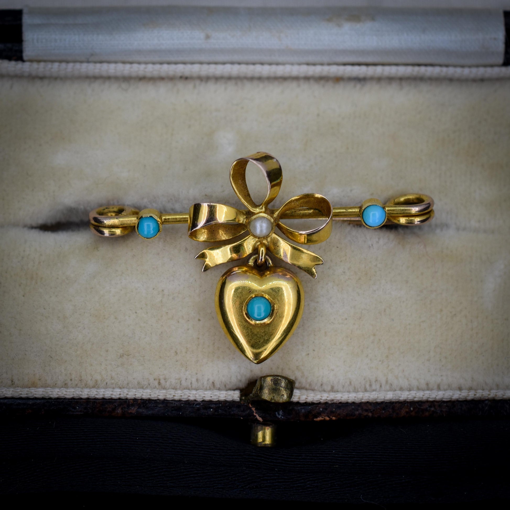 Antique Turquoise Pearl Gold Bow Brooch Pin with Heart Drop