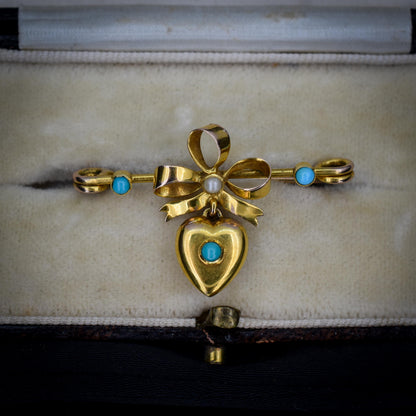 Antique Turquoise Pearl Gold Bow Brooch Pin with Heart Drop