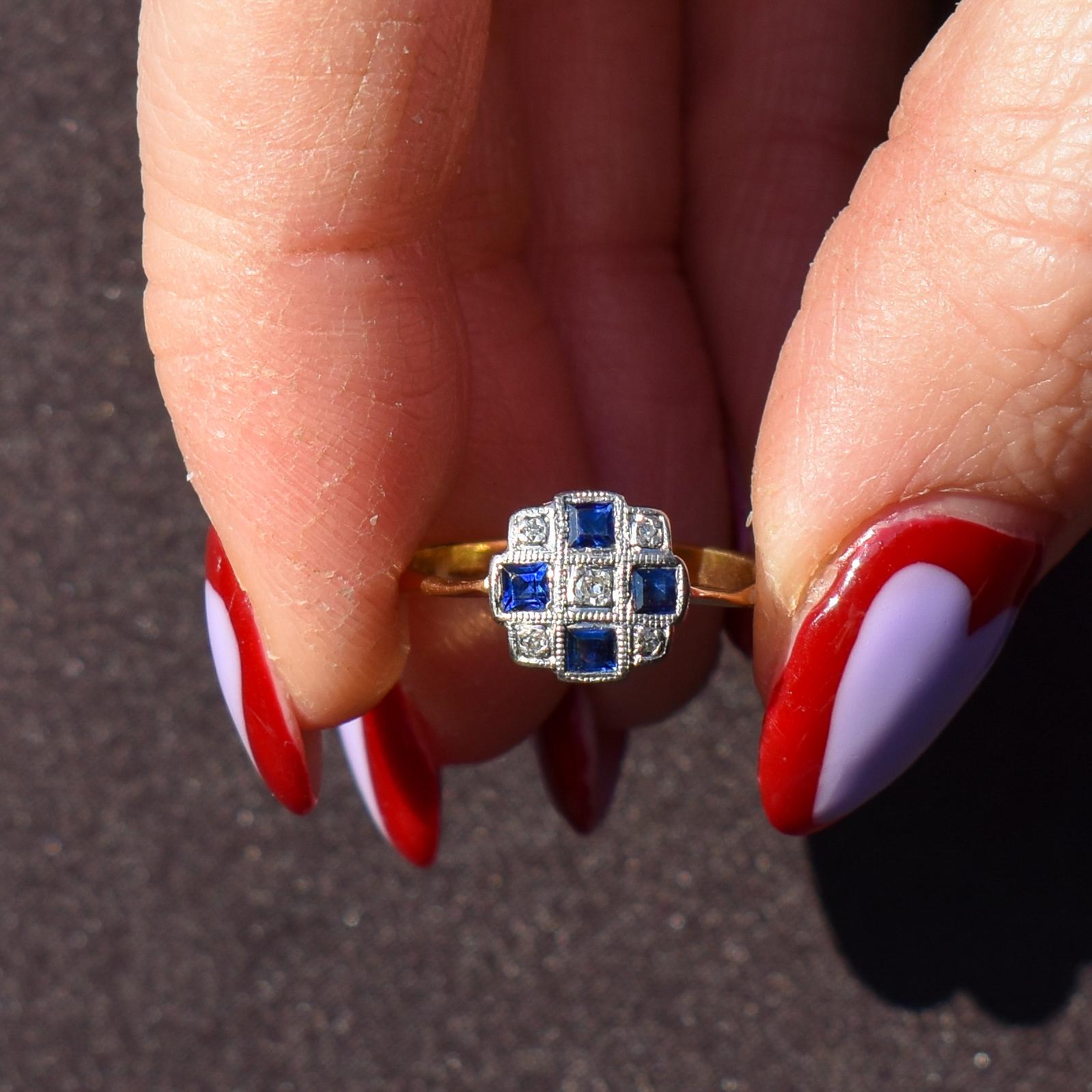 Art Deco Blue Sapphire and Diamond 18ct Gold Checkerboard Ring
