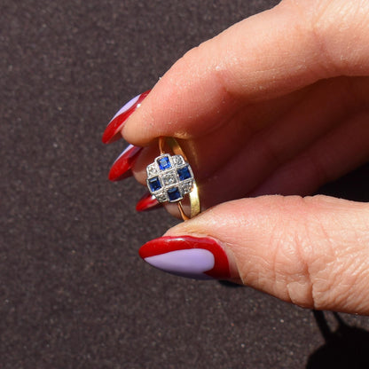 Art Deco Blue Sapphire and Diamond 18ct Gold Checkerboard Ring