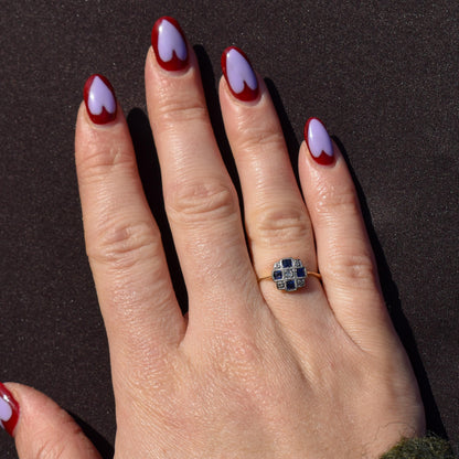 Art Deco Blue Sapphire and Diamond 18ct Gold Checkerboard Ring